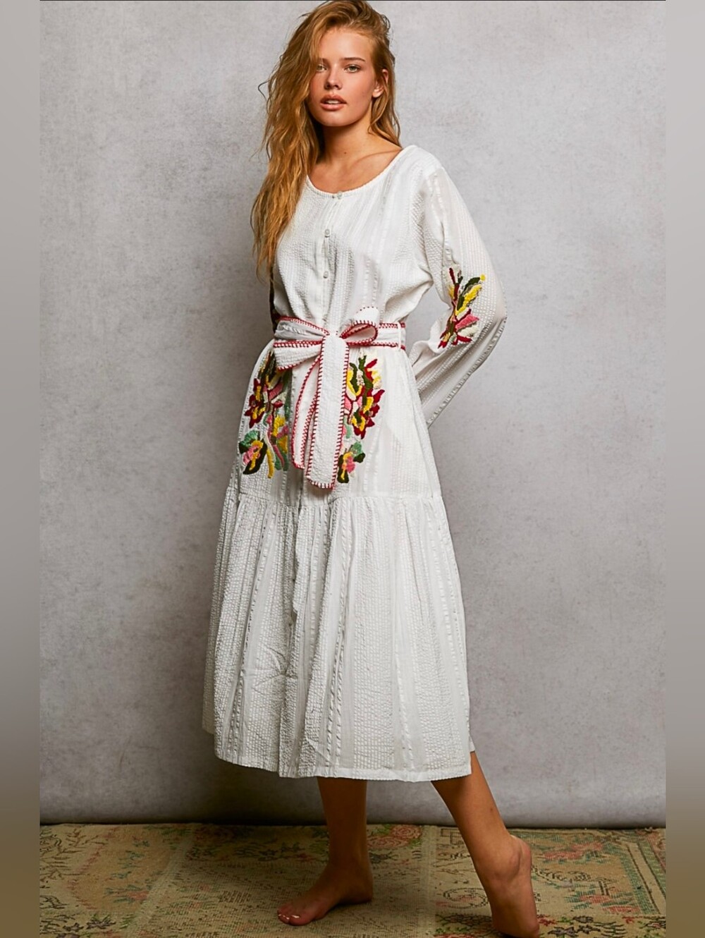 NEW!!! POL White Embroidered Maxi Dress with Belt & Colorful Floral Accents, NWT - Picture 3 of 7